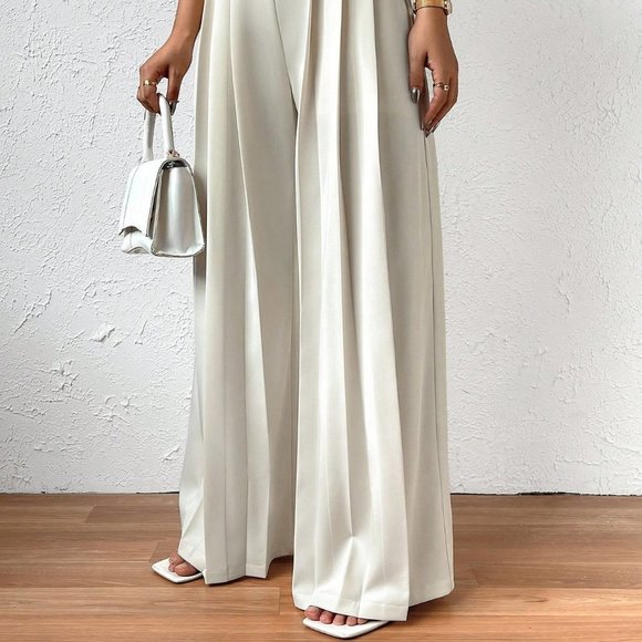 White Casual Womens High Waist Plicated Detail Wide Leg Pants - Picture 3 of 5